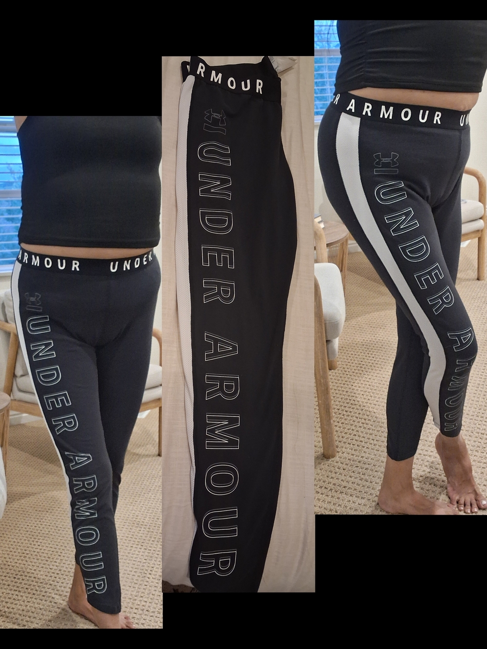 Under Armour Black Leggings with White Side Stripe Women Size Large